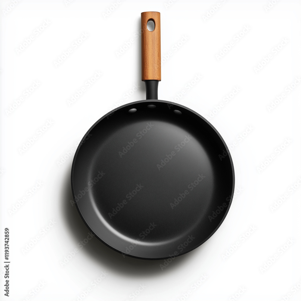 A sleek non-stick frying pan with a smooth matte black finish and ergonomic wooden handle, designed for functionality and style A sleek non-stick frying pan with a smooth matte black finish and ergonomic wooden handle, designed for functionality and style