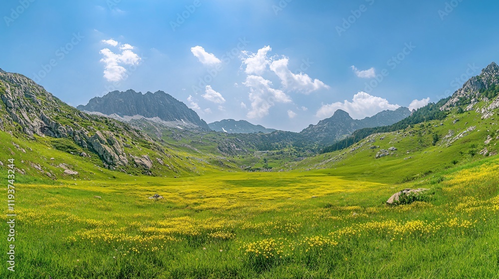 Obraz premium Panoramic View of Mountain Valley with Lush Meadow and Blue Sky