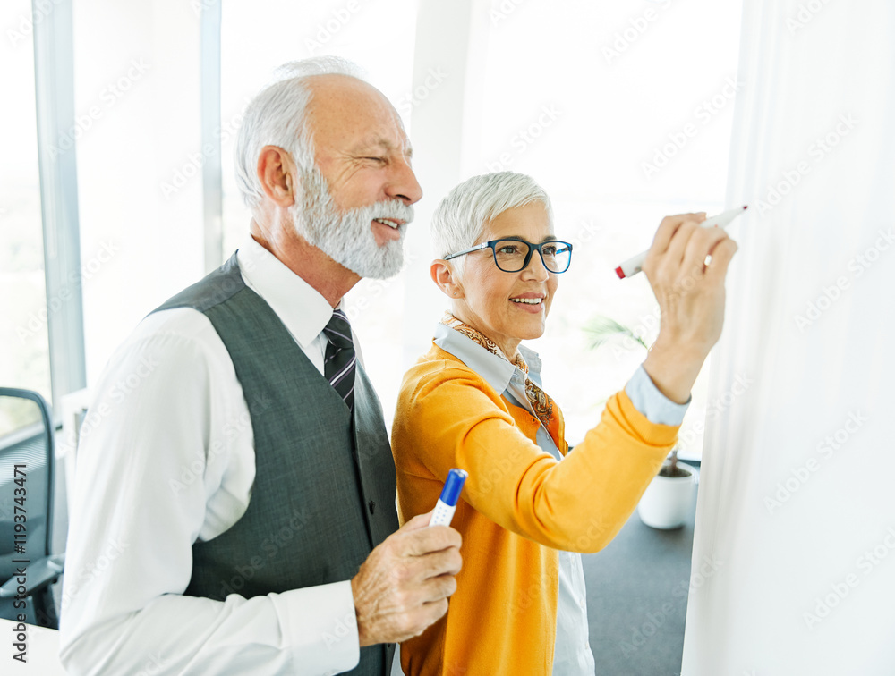 Obraz premium business meeting businesswoman woman elderly senior office presentation whiteboard businessman man teamwork colleague seminar businessperson mature gray hair discussion
