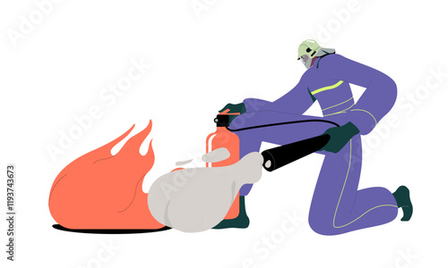 Firefighter extinguishing fire, spraying foam with extinguisher. Fireman with firefighting tool in hands. Emergency worker fighting flame. Flat graphic vector illustration isolated on white background