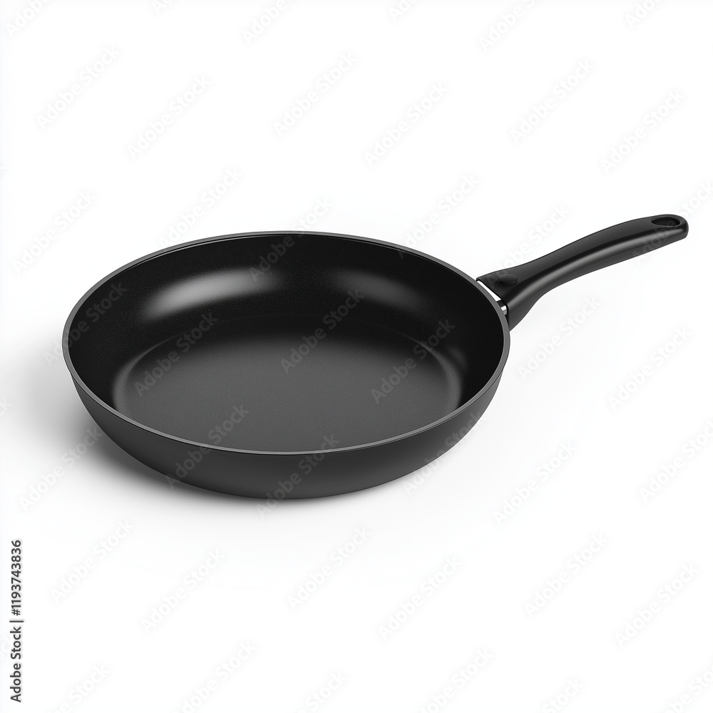 A small black frying pan with a non-stick surface, ideal for frying eggs, placed on a white background, showcasing simplicity and practicality A small black frying pan with a non-stick surface, ideal for frying eggs, placed on a white background, showcasing simplicity and practicality