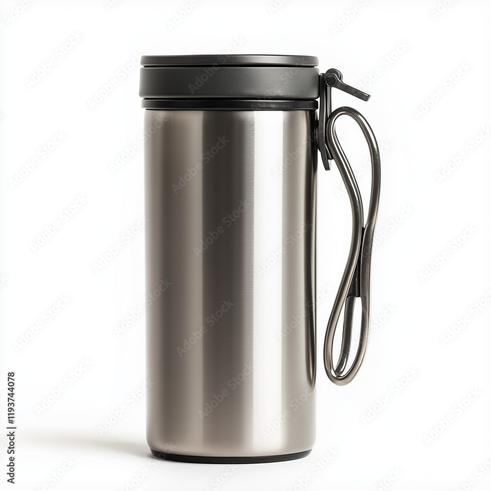 A stainless steel travel mug with a carabiner handle and a modern design, ideal for carrying beverages on outdoor adventures A stainless steel travel mug with a carabiner handle and a modern design, ideal for carrying beverages on outdoor adventures
