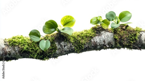 On an old, weathered branch of a jungle tree in a tropical rainforest, green-leaved ferns and mosses grow epiphytically, set against a white background with an included clipping path photo