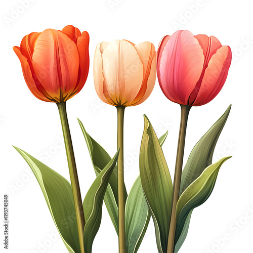 Three colorful tulips standing tall on white background
