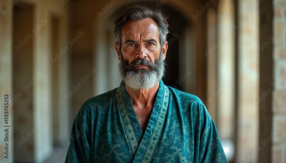 Older man in teal robe stands in hallway looking directly at camera. Indoor shot features neutral expression on face. Man gray beard. Hallway blurry brown background. Portrait photo captures mature Older man in teal robe stands in hallway looking directly at camera. Indoor shot features neutral expression on face. Man gray beard. Hallway blurry brown background. Portrait photo captures mature