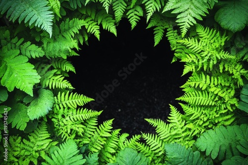 Against a black backdrop, fern fronds, Philodendron gloriosum leaves, and various tropical rainforest plants create a lush bush photo