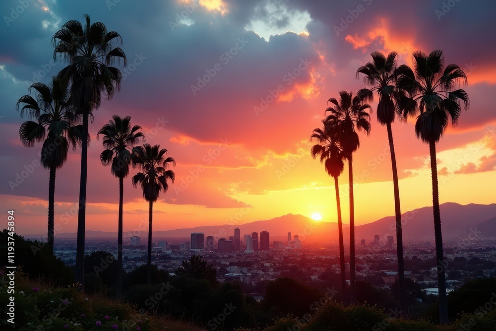 Palm trees sway gently in the warm sunlight against a dramatic LA skyline at dusk, sunset, LA skyline, palm trees Palm trees sway gently in the warm sunlight against a dramatic LA skyline at dusk, sunset, LA skyline, palm trees