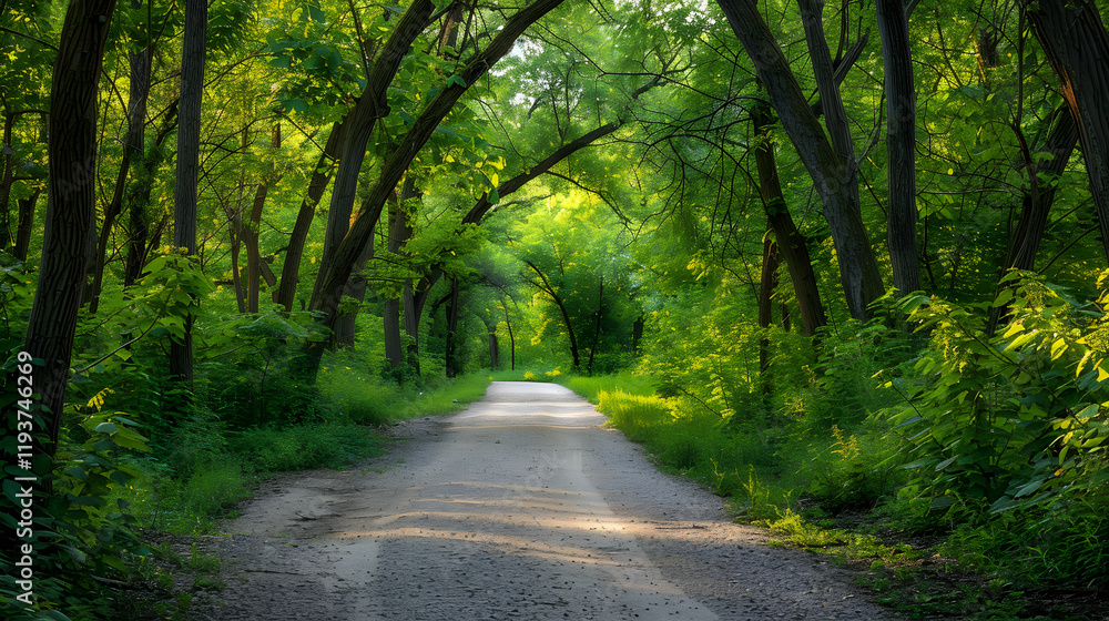 Naklejka premium Serene Canopy: A Picturesque Hiking Trail Enveloped in Lush Greenery in Kansas City