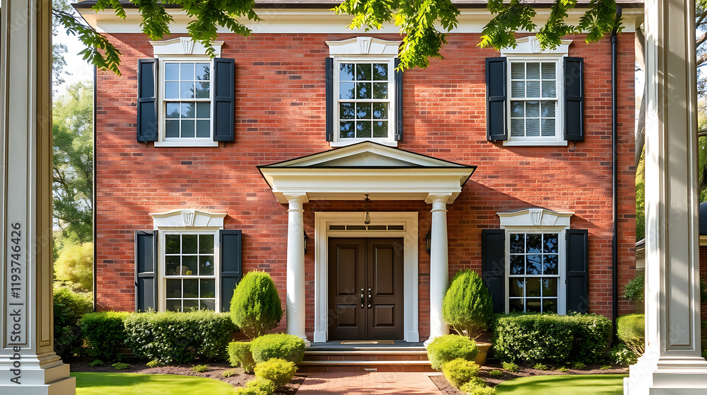 Obraz premium Classic Red Brick House Exterior with Elegant Porch and Landscaping. A beautiful example of traditional architecture and home design.