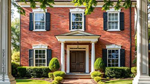 Classic Red Brick House Exterior with Elegant Porch and Landscaping.  A beautiful example of traditional architecture and home design. photo