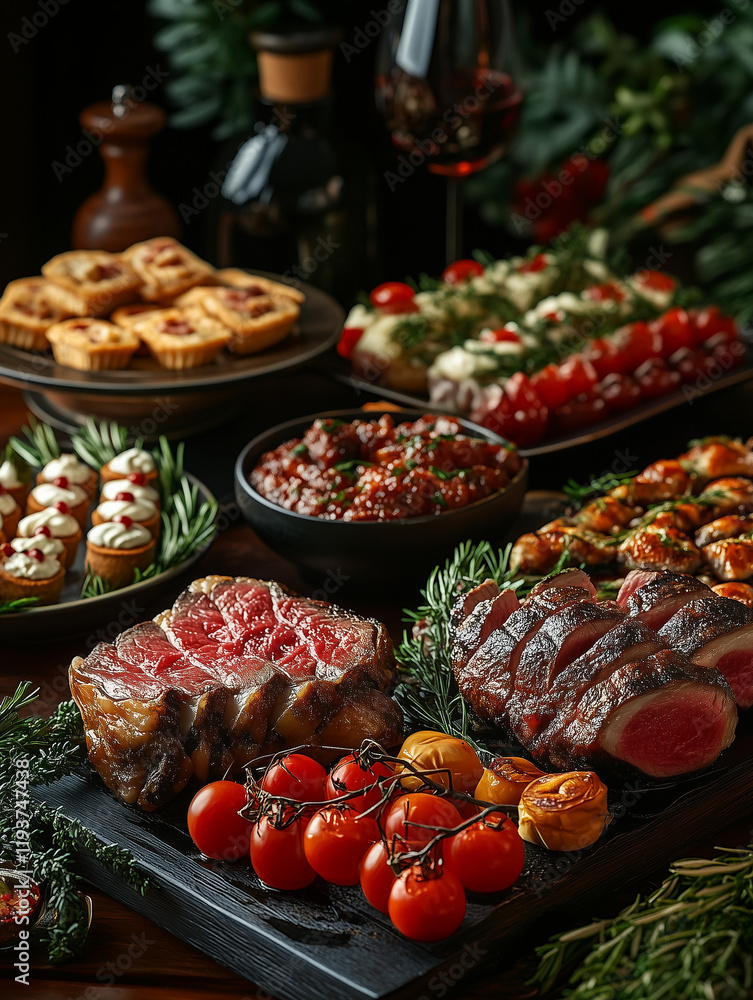 Professional Food Photography of Meat, Vegetables, and Greens on Table, Dark Background Professional Food Photography of Meat, Vegetables, and Greens on Table, Dark Background