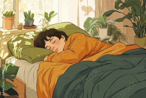 A person sleeps soundly on a comfortable bed, enveloped in warm blankets, with sunlight filtering through a window and illuminating the indoor plants nearby