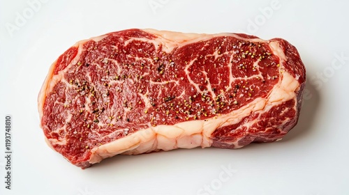 A raw ribeye steak, butcher s cut, ultra-realistic texture, marbled fat details with seasoning, isolated on white background photo