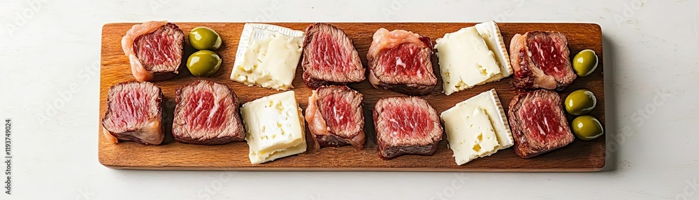 A ribeye steak charcuterie board, party food theme, steak bites with cheese and olives, isolated on white background A ribeye steak charcuterie board, party food theme, steak bites with cheese and olives, isolated on white background
