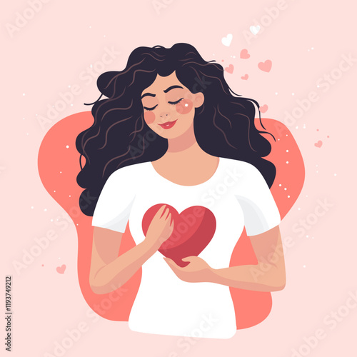 Love yourself. Love your body concept. Girl Healthcare Skincare. Take time for your self. Vector illustration. Woman hugging herself with hearts on white background. Pastel cute soft colors. Relax