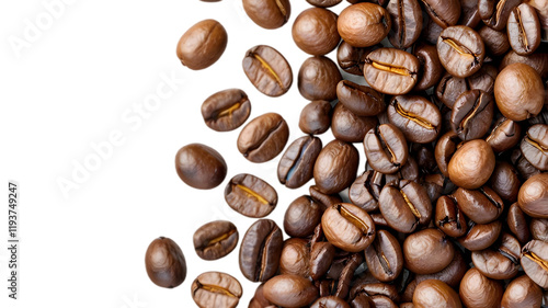 Coffee beans, individually isolated on a transparent PNG background with copy space photo