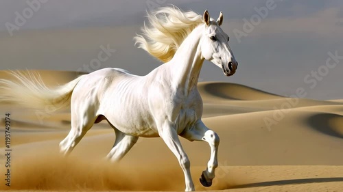 White horse running through sand dunes. A wild horse galloping in the desert.