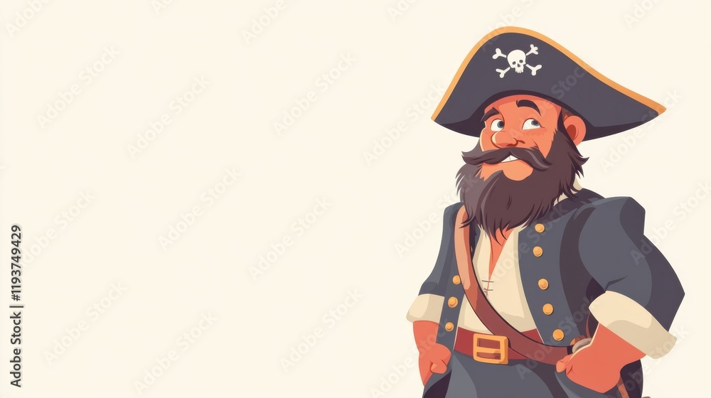 Cartoon Pirate Character Smiling with a Black Hat and Beard, Standing Confidently Against a Light Background, Ideal for Kids' Designs and Adventure Themes Cartoon Pirate Character Smiling with a Black Hat and Beard, Standing Confidently Against a Light Background, Ideal for Kids' Designs and Adventure Themes