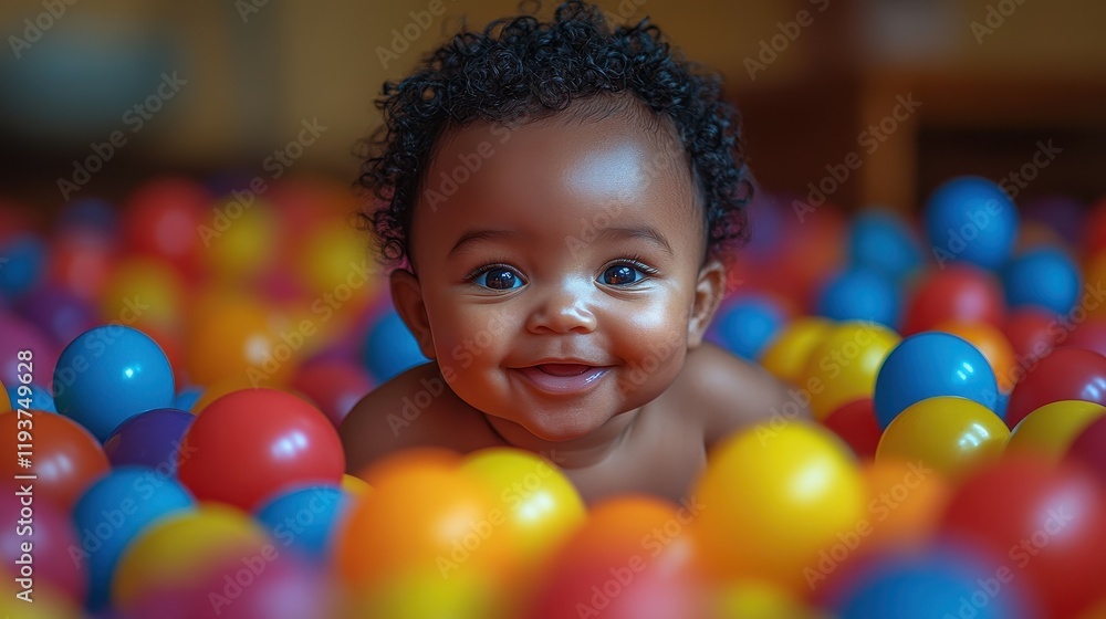 Obraz premium A baby is laying in a pile of colorful balls. The baby is smiling and he is enjoying the experience