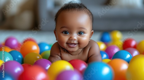 A baby is laying in a pile of colorful balls. The baby is smiling and he is enjoying the experience photo