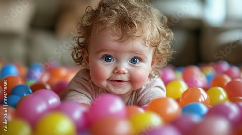 A baby is laying in a pile of colorful balls. The baby is smiling and he is enjoying the experience