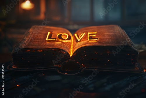 An open book displays glowing letters that spell out LOVEquot, with the first letter of each chapter highlighting the word. Warm candlelight creates a magical atmosphere photo