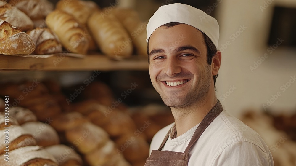 Cheerful Baker with Fresh Bread in Bakery Setting Cheerful Baker with Fresh Bread in Bakery Setting
