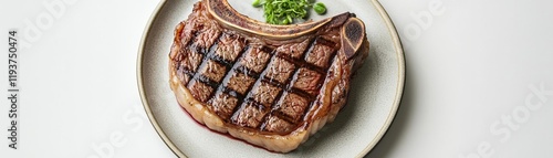 A ribeye steak on a ceramic plate, elegant dining setup, minimalistic presentation, isolated on white background photo