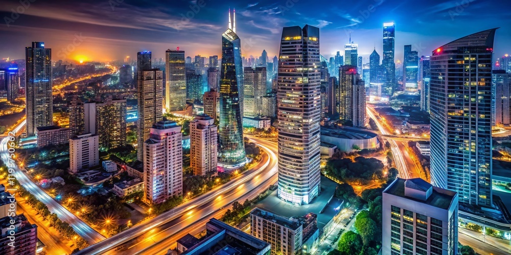Fototapeta premium Stunning Aerial Night View of Modern City Skyline with Illuminated Infrastructure and Ample Copy Space