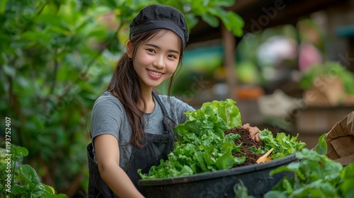 In a garden, a joyful woman wearing a cap tends to fresh herbs and greens, illustrating sustainable practices and a connection with nature in outdoor settings. photo