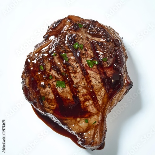 A ribeye steak with balsamic reduction, artistic food styling, dark syrupy glaze, isolated on white background
