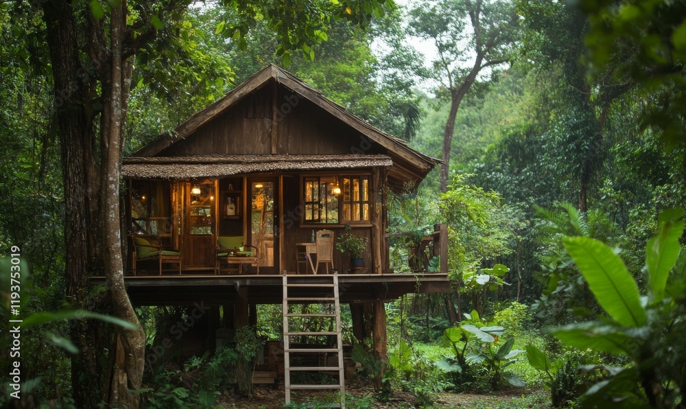 A charming wooden cabin hidden deep in the forest with a ladder propped against it, peaceful, greenery, wooden, secluded A charming wooden cabin hidden deep in the forest with a ladder propped against it, peaceful, greenery, wooden, secluded
