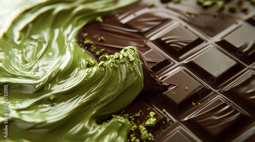 Milk chocolate bar with green pistachio paste and kataifi dough. Dubai chocolate  making photo