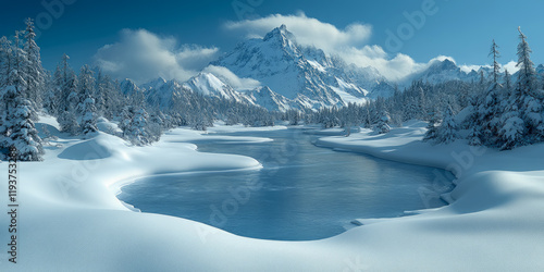 Wallpaper Mural Serene Winter River Scene with Majestic Mountains and Snow-Covered Forest Torontodigital.ca