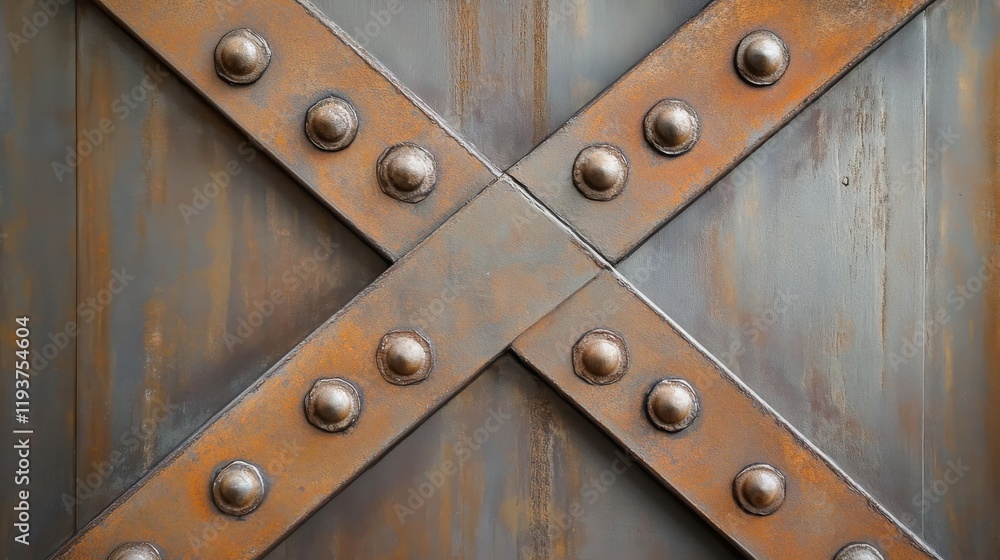 Fototapeta premium Industrial metal surface with rusted rivets and crossed steel beams
