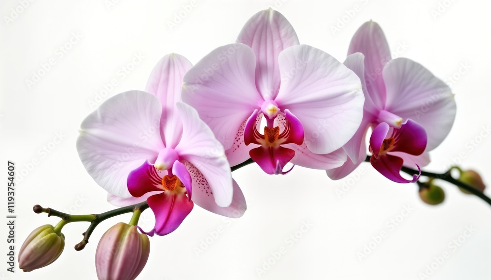Beautiful pink orchids blossom on white background. Delicate flowers with vibrant pink details. Natural beauty of flora. Stunning blossoms. Exotic tropical plant in full bloom. Elegant decoration Beautiful pink orchids blossom on white background. Delicate flowers with vibrant pink details. Natural beauty of flora. Stunning blossoms. Exotic tropical plant in full bloom. Elegant decoration
