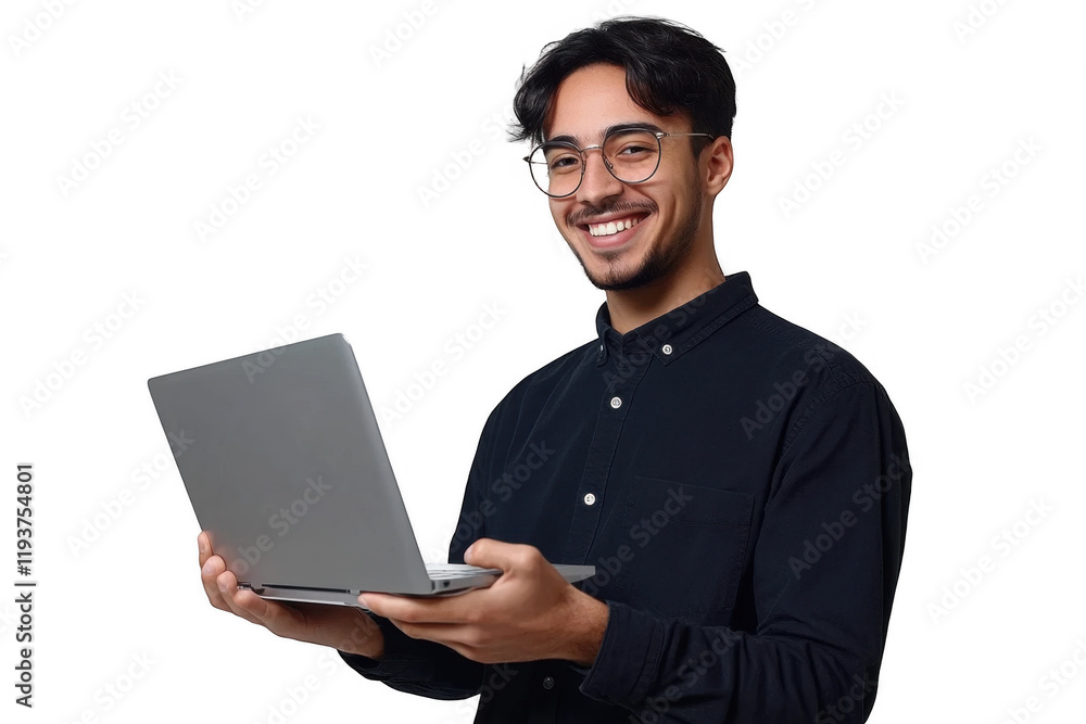 Portrait of young business man standing, holding laptop with happy smile
Portrait of young business man standing, holding laptop with happy smile