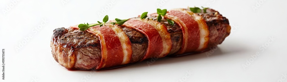 A ribeye steak wrapped in bacon, indulgent food styling, crispy bacon layer detail, isolated on white background A ribeye steak wrapped in bacon, indulgent food styling, crispy bacon layer detail, isolated on white background