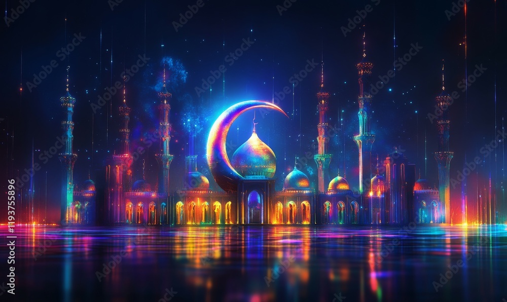 A digital illustration of a futuristic crescent mosque emitting colorful lights, holiday, technology, mosque A digital illustration of a futuristic crescent mosque emitting colorful lights, holiday, technology, mosque
