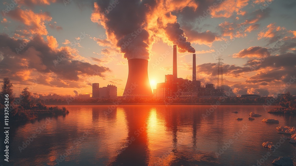 Breathtaking Industrial Landscape at Sunset with Billowing Smoke from Power Plant and Reflections on Calm Water Surface under Dramatic Sky Breathtaking Industrial Landscape at Sunset with Billowing Smoke from Power Plant and Reflections on Calm Water Surface under Dramatic Sky