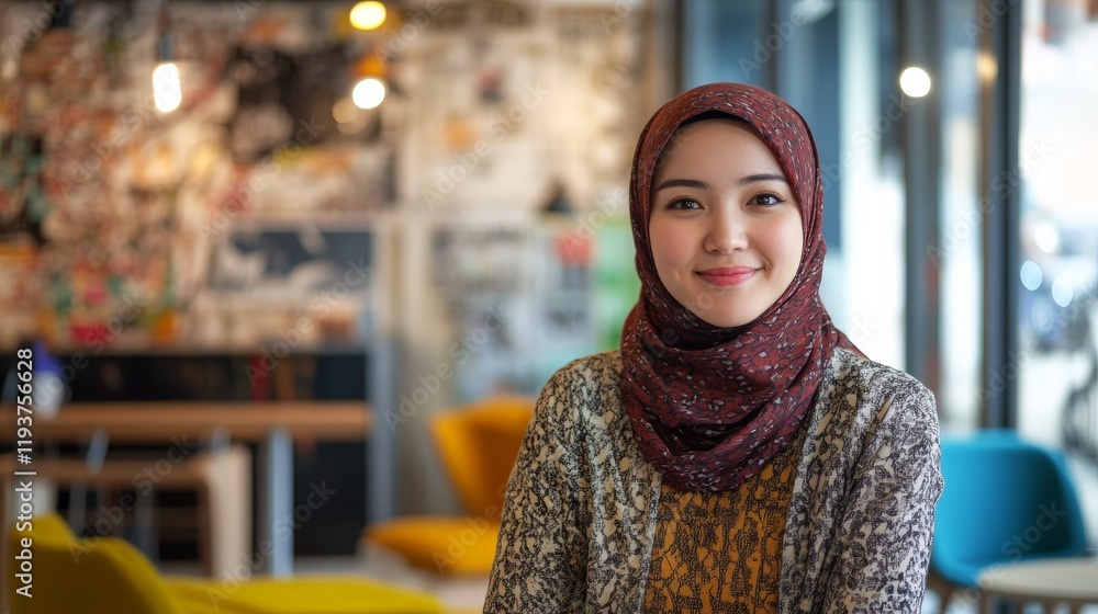 Fototapeta premium Smiling young asian female in hijab in urban cafe setting
