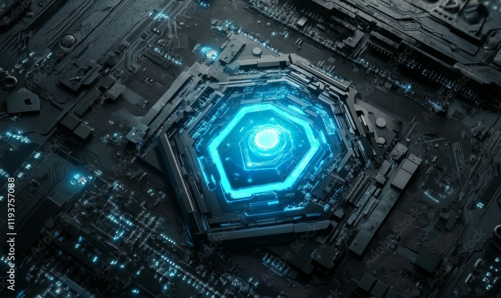 Fototapeta premium A Glowing Blue Shield Embedded in a Futuristic Circuit Board