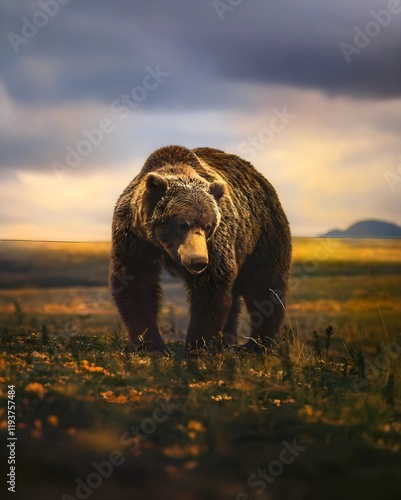 A powerful grizzly bear strides through a sunlit wilderness meadow under dramatic skies, embodying the raw beauty and majesty of natures wild creature photo