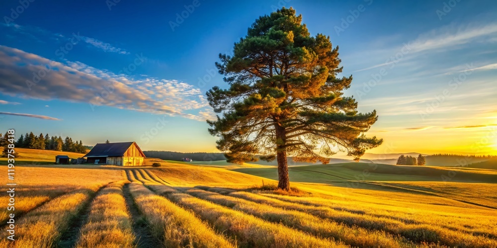Fototapeta premium Sunlit Rural Landscape with Majestic Pine Tree - Scenic Countryside Photography