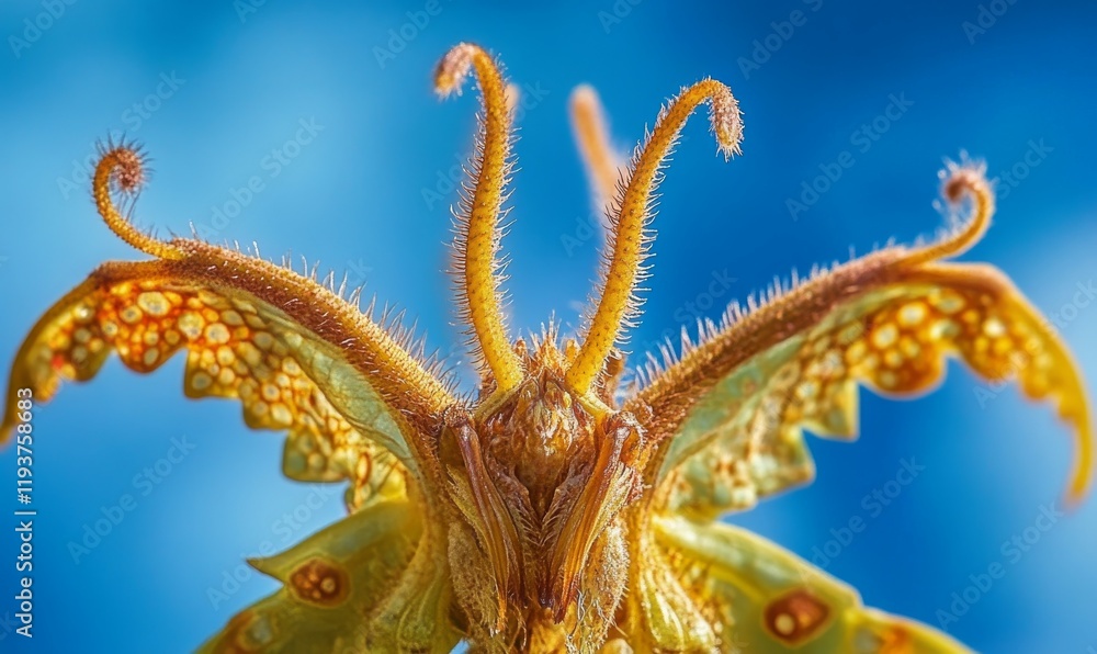 Obraz premium A macro photograph of a winged plant with intricate details set against a vibrant blue sky, macro, beauty in nature