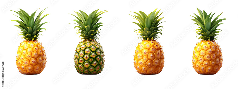 Four Ripe Pineapples Isolated on Transparent Background, Vibrant Yellow and Green Hues, Perfect for Tropical Designs. Four Ripe Pineapples Isolated on Transparent Background, Vibrant Yellow and Green Hues, Perfect for Tropical Designs.