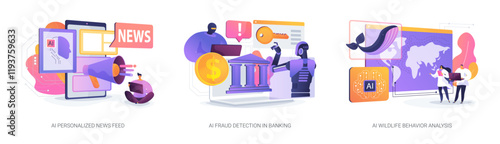 AI in News, Finance, and Science abstract concept vector illustrations.