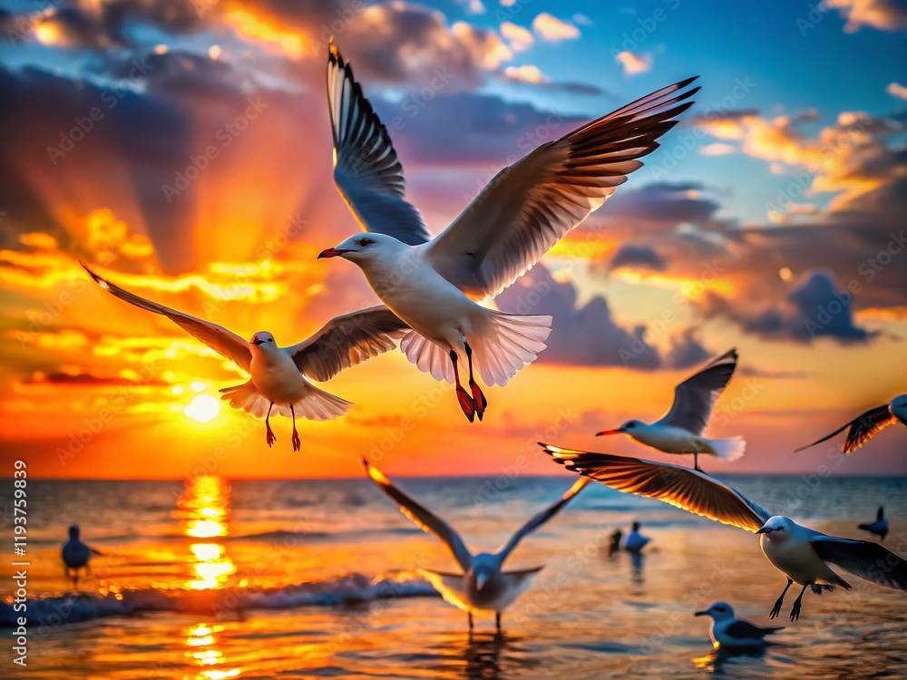 Fototapeta premium Sunset Seagull Bokeh: Coastal Birds at Golden Hour