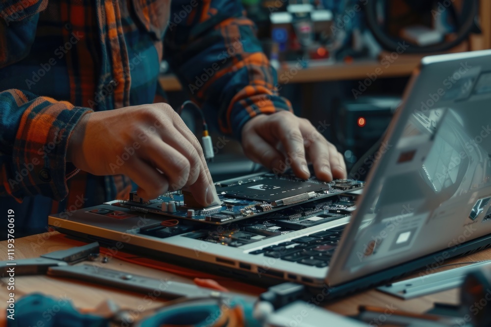 Fototapeta premium Man disassembles laptop for repair in close up view.