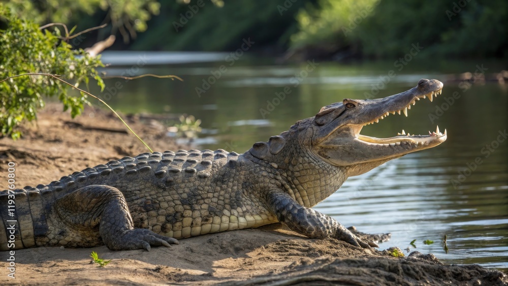 Fototapeta premium Crocodile hunting on the riverbank nature wildlife photography lush environment close-up perspective predatory behavior